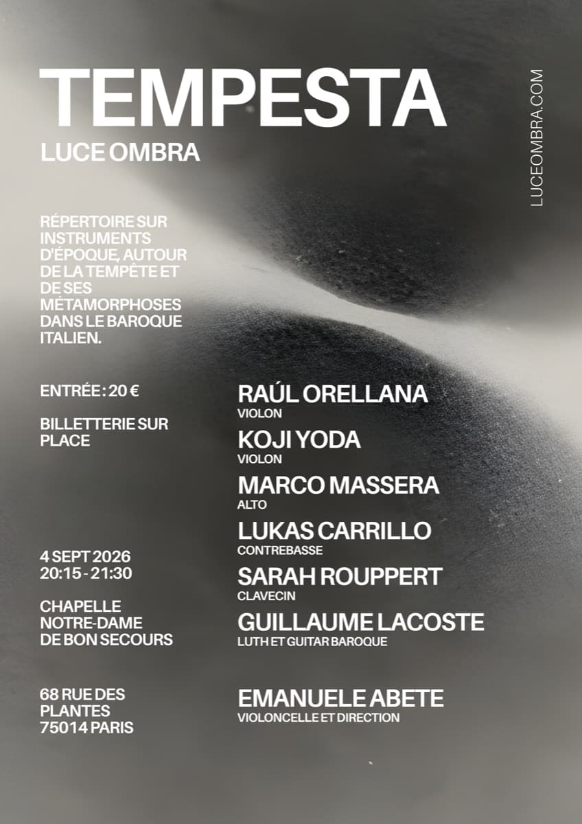 Poster for Luceombra's concert TEMPESTA, 4 September 2026 at the Chapelle Notre-Dame de Bon Secours, Paris.